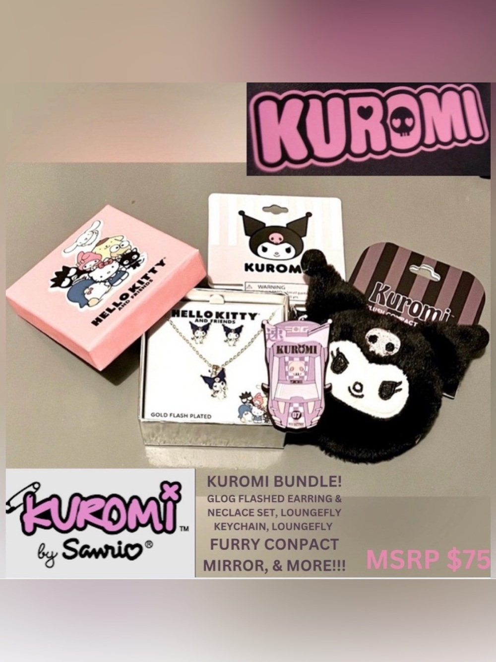 NWT! 5 FOR 1 KUROMI ITEMS! GOLD EARRINGS/NECKLACE 18K PLATED! W/MORE! 5’⭐️